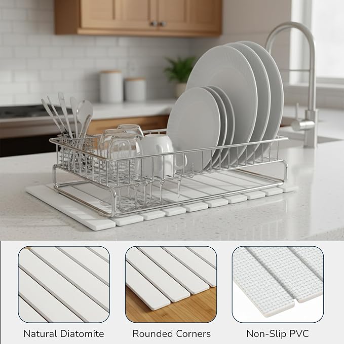 Large Stone Drying Mat 24"x16" – Diatomaceous Earth Stone Dish Drying Mat, Ultra-Absorbent Stone Drying Mat for Kitchen, Collapsible Quick-Dry Countertop Protector for your Dishes (Snow White)