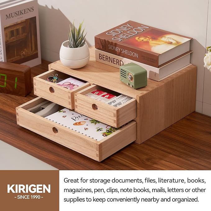 KIRIGEN Solid Wood Desktop Organizer with 3 Drawers - Multi-Layer Office Supplies Storage Rack for Documents, Stationery, Jewelry - Natural Wooden Desk Shelf Organizer Nature WJG23-NA