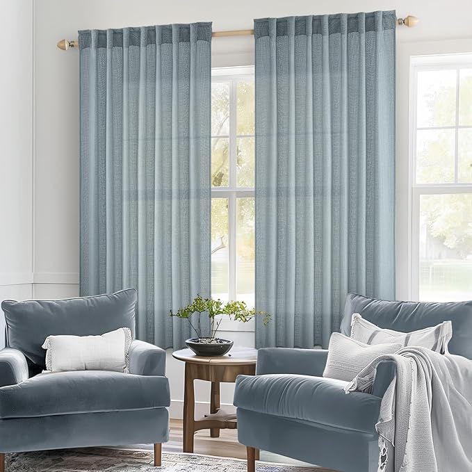 MIULEE Dusty Blue Linen Curtains 63 Inch Long 2 Panels for Bedroom Living Room, Soft Thick Linen Textured Window Drapes Semi Sheer Light Filtering Back Tab Rod Pocket Burlap Look Light Blue Decor