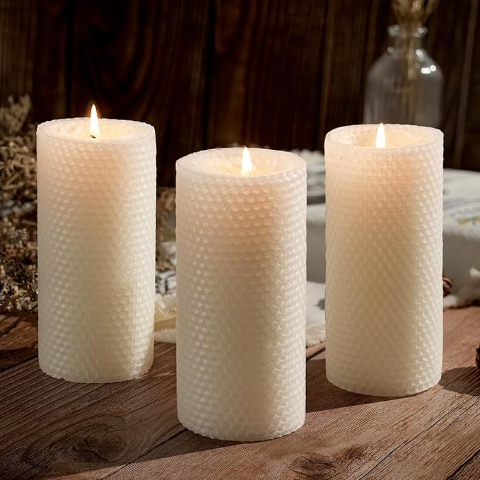 4 Pack Beeswax Pillar Candles, 2.8x6 Inch 180 Hours Hand-Rolled White Large Beeswax Candles, Handmade Pure Bees Wax Honeycomb Bees Wax Candle for Prayer, Unscented Candles (2.8x6 in)