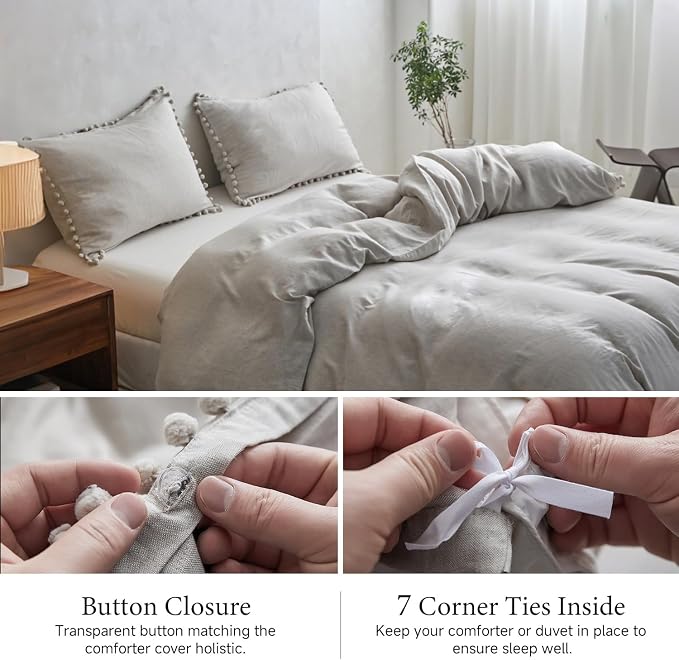 Simple&Opulence French Linen Blended Duvet Cover King, Flax Viscose Derived from Bamboo Bedding Set with Pom Pom Trim Soft Cooling for Hot Sleepers, 1 Boho Comforter Cover and 2 Pillow Shams, Linen