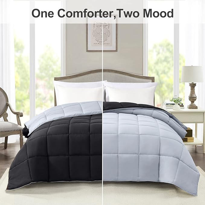Homelike Moment Comforter King Size - Black Duvet Insert Down Alternative Bed King Comforter, Lightweight Bedding Comforters Quilted Soft All Season Reversible Black/Light Grey