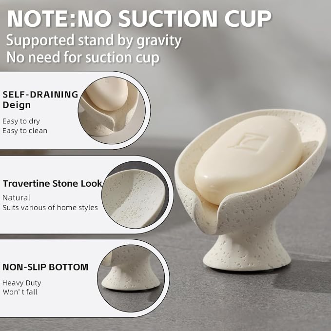 Soap Dish, 2 PCS Self Draining Bar Soap Holders, Leaf Shape, Cream | Resin, Travertine Stone Look, Modern, Keeps Bar Soap Dry, Decorative Soap Saver for Bathroom Countertop Kitchen Sink Bathtub