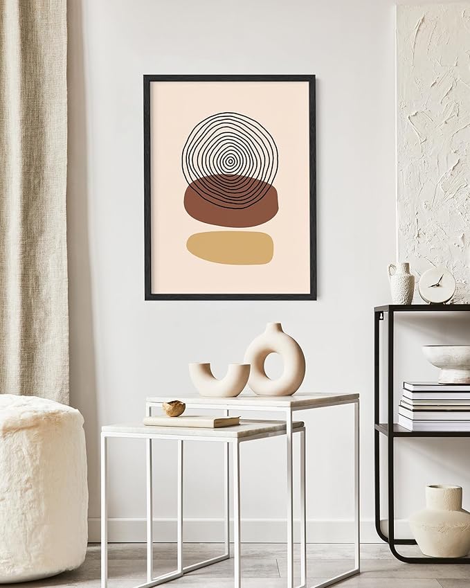 Boho Abstract Wall Art Minimalist Stacked Stones Circles Earth Tones Terracotta Mid Century Modern 16x20 Inch Oak Wood Black Framed Zen Meditation Print for Living Room Office Decor