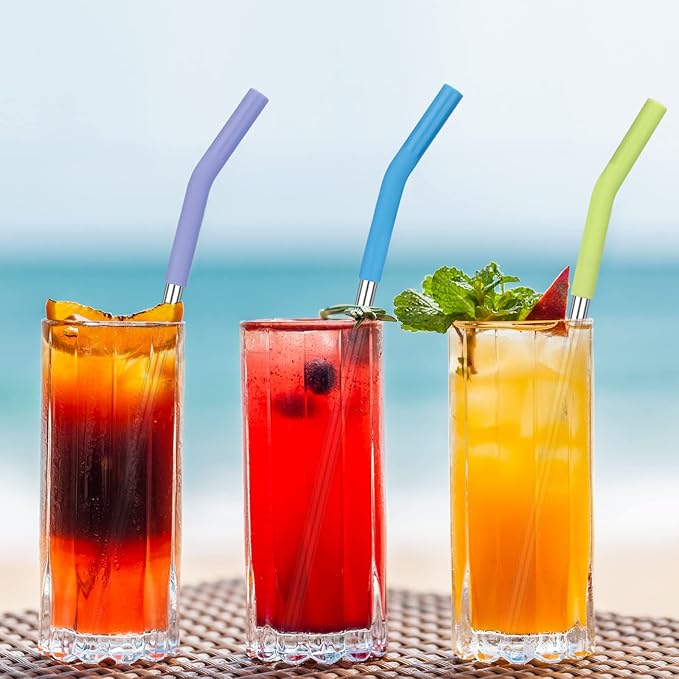 Zenbo Set of 6 Stainless Steel Reusable Metal Straws with Silicone Flex Tip Elbow,6 Steel Straws,6 Silicone Tips,1 Straw Cleaning Brush,for 30 oz and 20 oz Cups, Dishwasher Safe