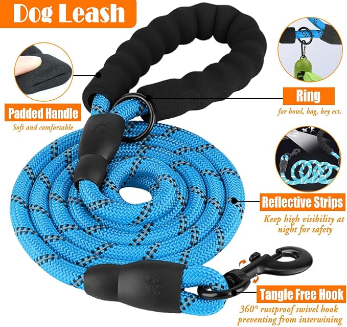 LOBEVE No Pull Dog Harness, Collar & Leash Set with Retractable Dog Seat Belt, Collapsible Dog Bowls and Poop Bag Dispenser - Ideal for Training, Walking, Hiking - Fits Small to Large Dogs(Blue-M)