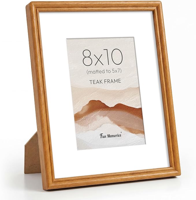 8x10 Picture Frame with Mat for 5x7, USA-Sourced Natural Teak Wood Handcrafted Rounded Corner with HD Tempered Glass, 8 x 10 Photo Frames Gallery Wall & Tabletop, Vertical or Horizontal Display