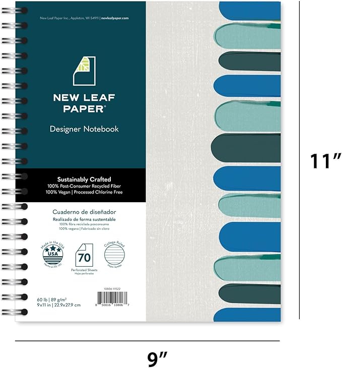 Large Spiral Bound Designer Notebook, Gray Keys Design, 11" x 9" 70 Sheets, 100% Recycled College Ruled Poages, Vegan, Made in USA