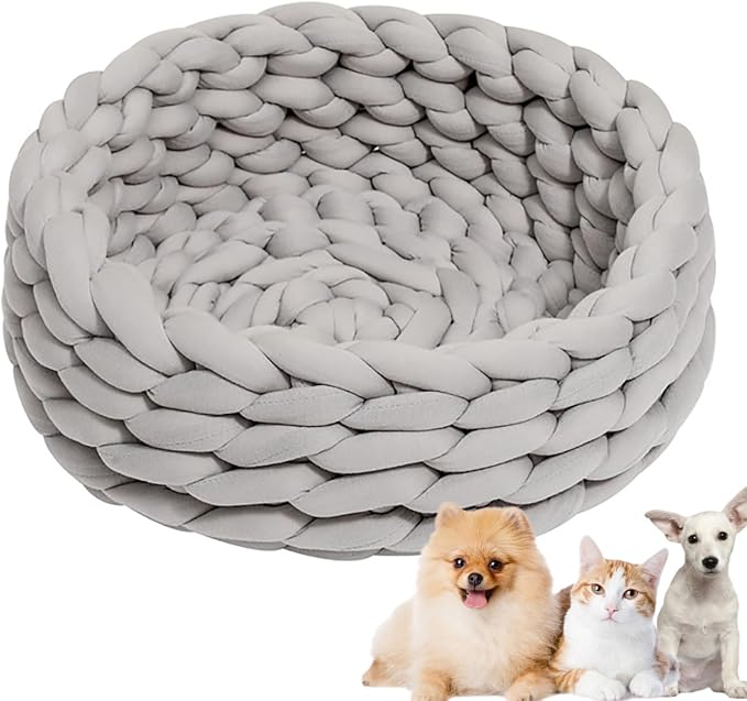 Woven Dog Bed Basket, Knitted Cotton Cat Bed Round Washable Woven Cat Pet Bed Chunky Dog Basket, Orthopedic, Chunky Knit Dog Nest,Dog Bed,Dog Cave,Dog Bedding(Gray,17")