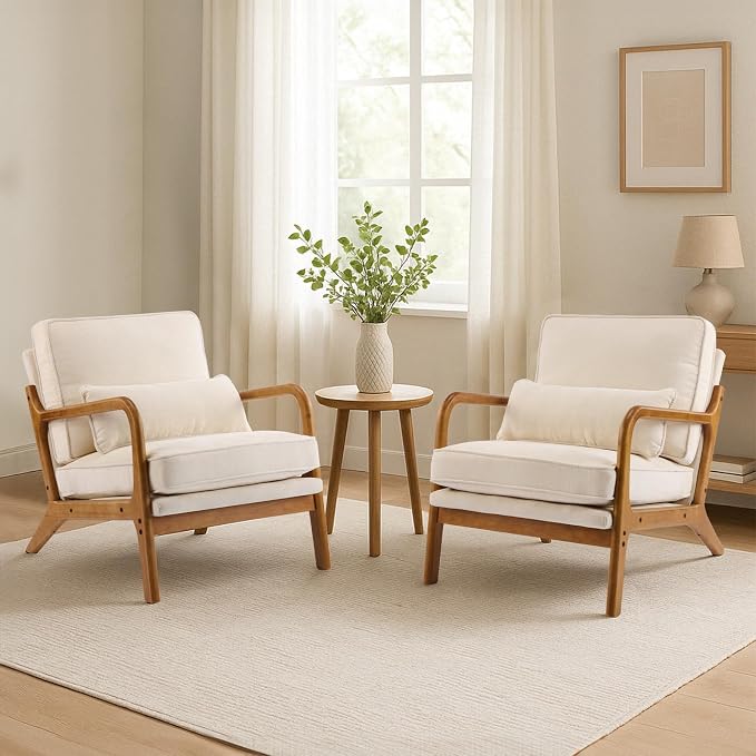 Karl home Mid-Century Modern Accent Reading Chair, Creamy | Chenille Upholstered, Solid Wood Frame, Soft Cushion, Lumbar Pillow, Lounge Armchair for Living Room, Bedroom, Balcony, Study