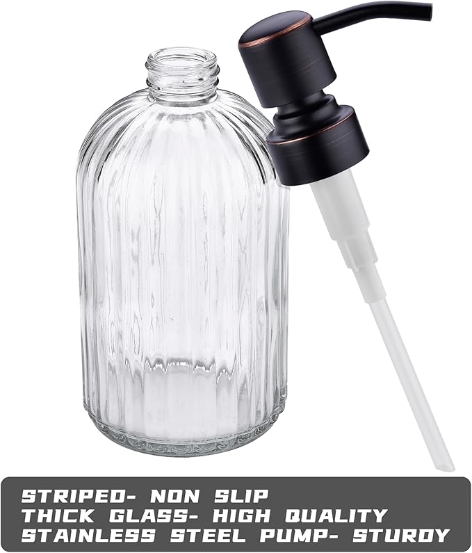 16Oz Clear Glass Soap Dispenser with Rust Proof Bronze Stainless Steel Pump, Refillable Bathroom Soap Dispenser with Vertical Stripe, Oil Rubbed Bronze Pump Kitchen Dispensers