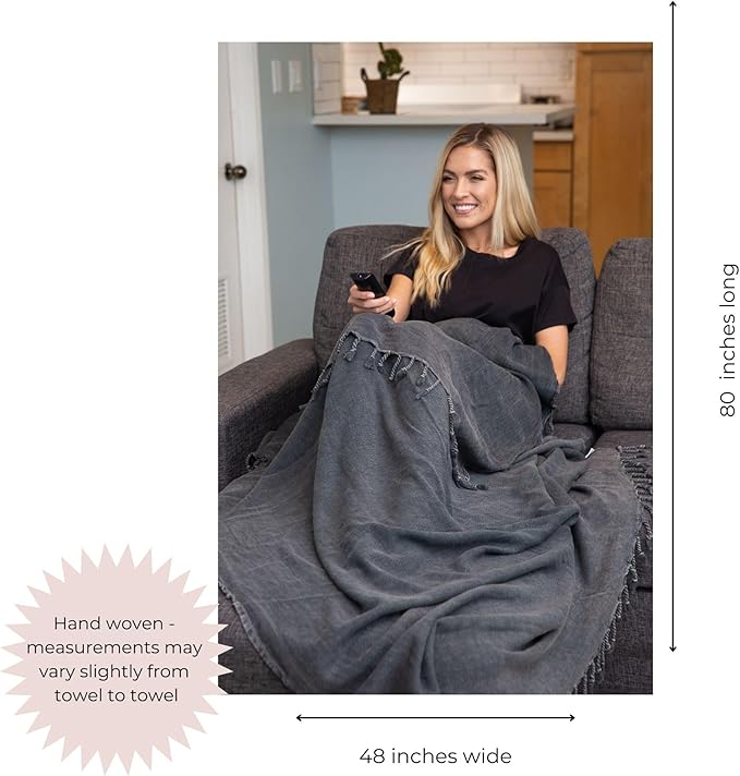 Stonewashed Turkish Throw Blanket - 100% Organic Cotton - 80" x 48" - Soft, Lightweight, Cozy - for Couch, Sofa, Picnic, Yoga - Charcoal Grey