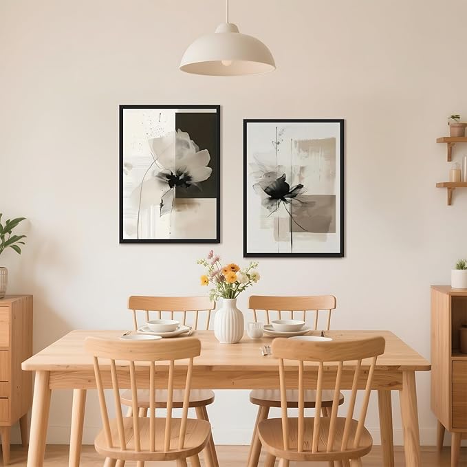 Minimalist Abstract Floral Wall Art Prints Set of 2 Neutral Beige Black Flower Canvas Painting Poster Trendy Botanical Picture for Gallery Modern Japandi Boho Home Decor 16x24inch Aluminum Framed