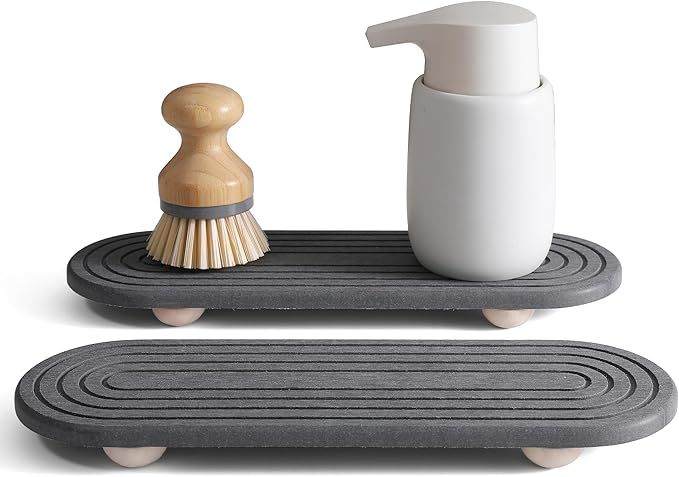 2PCS Water Absorbing Stone Tray for Sink, Quick Drying Diatomite Bathroom Tray Countertop, Stone Drying Mat for Kitchen Counter Faucet, Soap Dish Dispenser Vanity Organizer, Dark Gray-11.8" x 4"