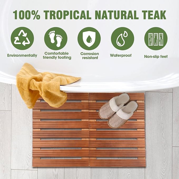 Teak Shower Mat, Foldable Luxury Wooden Shower Mat for Bathroom, Non-Slip Teak Bath Mat for Bathtub, Spa, Sauna, Pool, Indoor Outdoor Use, Wood Floor Mat for Home and Travel