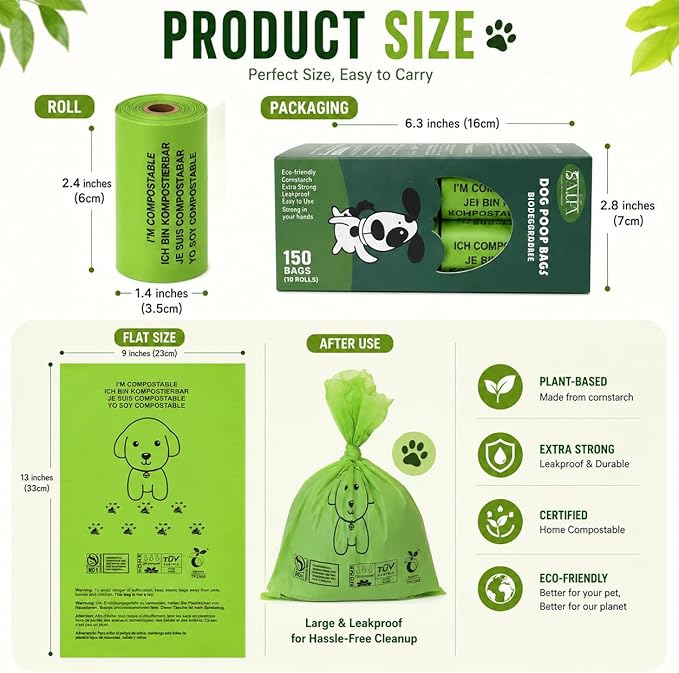 100% Certified Home Compostable Dog Poop Bags - Part Of Every Purchase will Go To Charity - ASTM D6400 & EN 13432 Compliant - 150 x Plant Based Compostable Poop Bags