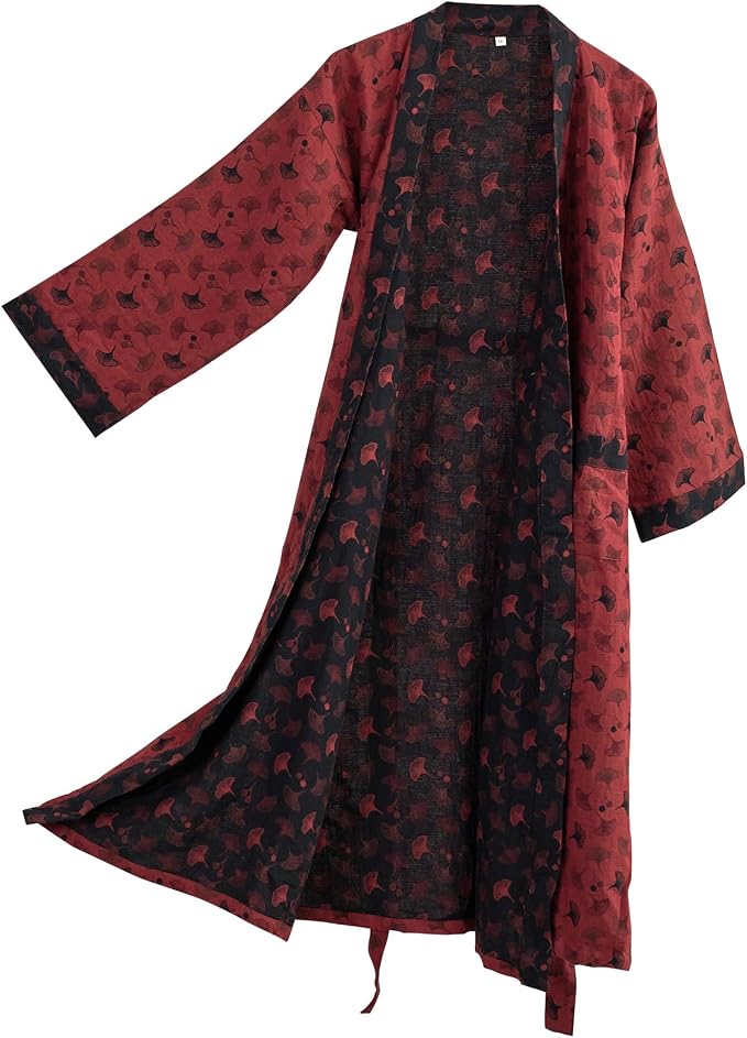 100% Cotton Gauze Ginkgo Leaf Kimono Robe, Long Knit Loose Bathrobe Nightgown Ladies Loungewear Sleepwear for Women