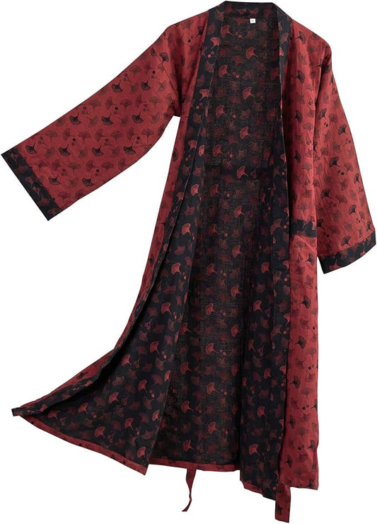 100% Cotton Gauze Ginkgo Leaf Kimono Robe, Long Knit Loose Bathrobe Nightgown Ladies Loungewear Sleepwear for Women