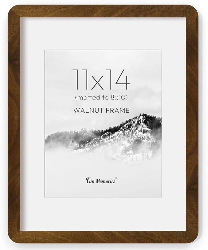 Fun Memories 11x14 Picture Frame - Solid Walnut Wood 11x14 Frame with Mat for 8x10 Photos, 11 By 14 Poster Wood Wall Frame, Horizontal or Vertical Wall Mounting, Natural Walnut
