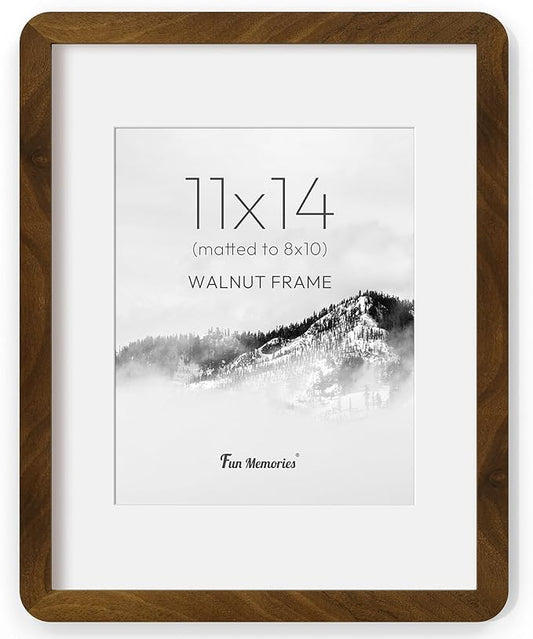 Fun Memories 11x14 Picture Frame - Solid Walnut Wood 11x14 Frame with Mat for 8x10 Photos, 11 By 14 Poster Wood Wall Frame, Horizontal or Vertical Wall Mounting, Natural Walnut