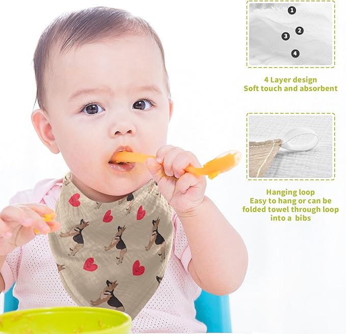 Baby German Shepherd Dog Heart Msulin Washcloths Newborn Face Towel - Baby Muslin Burp Cloths 5 Pack Soft Absorbent Natural Cotton Wash Towel 11.8"X11.8" Baby Bath Towels Wipes