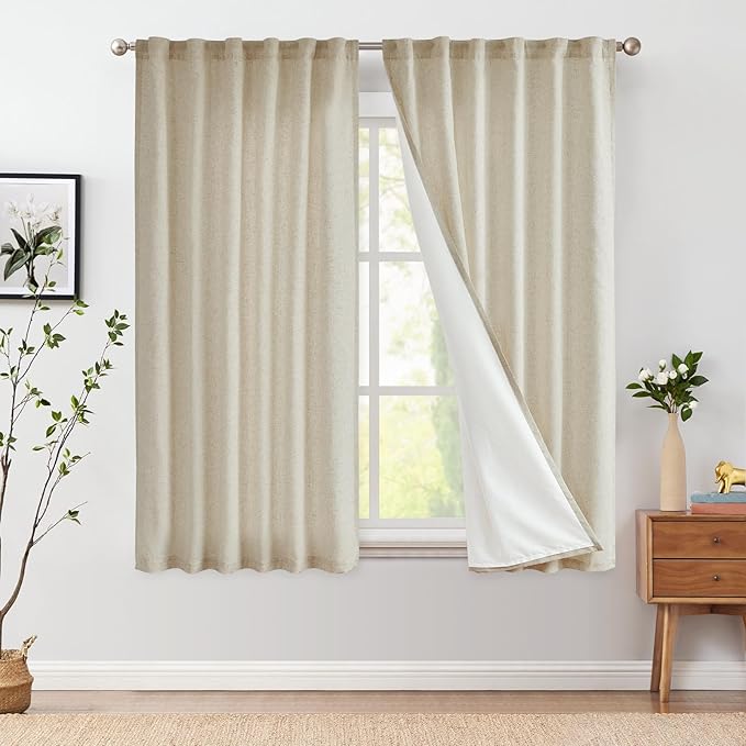 jinchan Linen Curtains with Privacy Lining 63 inch Length Lined Curtains for Living Room Bedroom Light Filtering Oatmeal Drapes Neutral Farmhouse Cottage Core Home Office Rod Pocket Back Tab 2 Panels