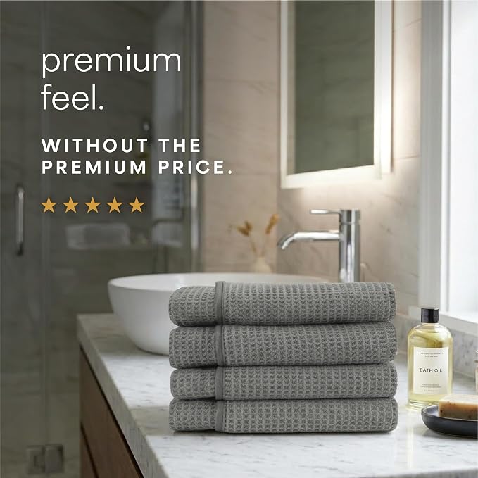 S&T INC. Aura Microfiber Waffle Bath Towels, 4 Pack, Quick-Dry, Ultra Absorbent, Lightweight Towels for Bathroom, 30 inches x 60 inches, 420GSM, Grey