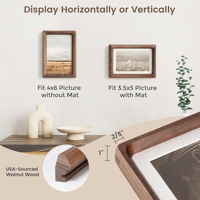 Fun Memories 4x6 Picture Frame, USA-Sourced Walnut Wood Photo Frames with HD Tempered Glass, Handcrafted Rounded Corner 4 x 6 Wooden Frame Matted to 3.5x5 Photos, 4x6 Frames, Tabletop or Wall Display
