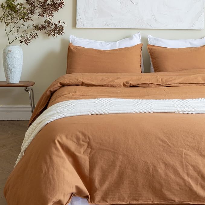 BISELINA French Linen Duvet Cover Set 3pcs with Hidden Zipper Closure Natural Flax Cotton Blend Solid Color Soft Breathable Luxury Farmhouse Bedding -Queen Size, Rust