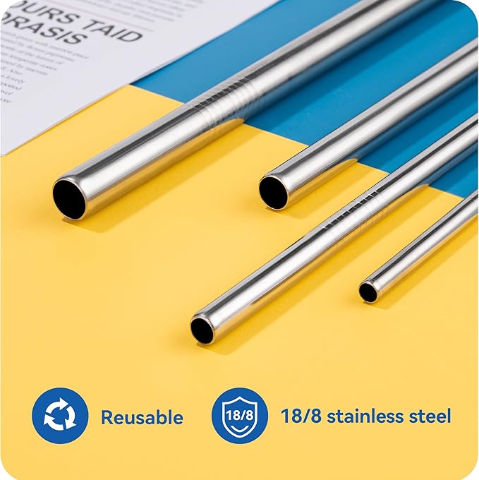 4-Pack Stainless Steel Straw Set - 215mm (8.5") Length, 6/8/10/12mm (0.24"/0.31"/0.39"/0.5") Diameters - Fits Coffee, Smoothies & All Cup Sizes - Reusable & Dishwasher Safe(Beige)