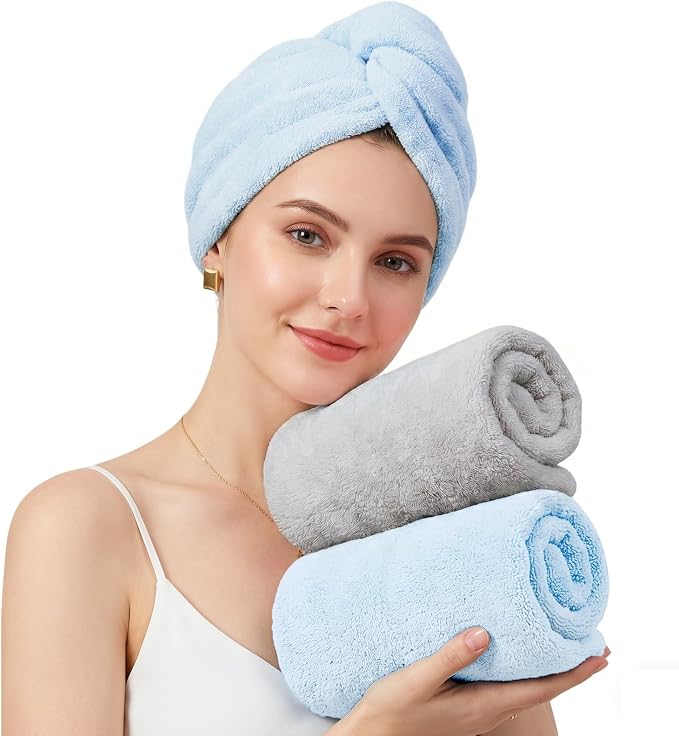 Mandydov 100% Cotton Hair Towel Wrap for Women, 2 Pack Thickened & Super Absorbent Turbans, Anti Frizz Quick Dry Hair Towels (Blue, Gray)