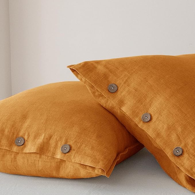 100% Linen Pillowcases Set of 2, French Linen from Normandy, 26X26Inch Standard Size, Natural Color, Coconut Buttons Closure, Flax Pillowshams-Pillowcase-Caramel