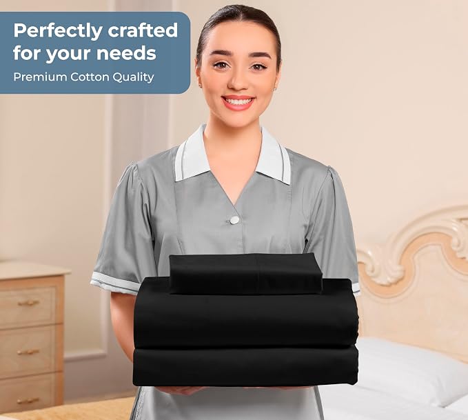 ROYALE LINENS 100% Organic Cotton Twin Sheet Set - Percale Weave - 3 Pieces Set - 1 Flat, 1 Deep Pocket Fitted Sheet and 1 Pillowcases - Black Bed Sheets - Sábanas Twin - Crisp Cool (Black)