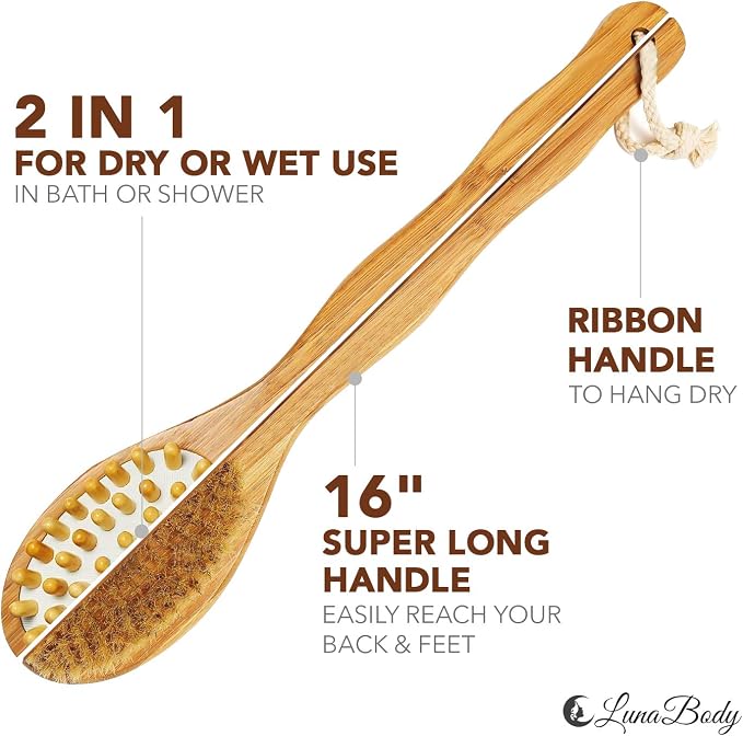 Bamboo Body Brush for Back Scrub - Natural Boar Bristle Shower Brush Scrubber with Long Handle - Exfoliate Skin and Cellulite - Wet or Dry