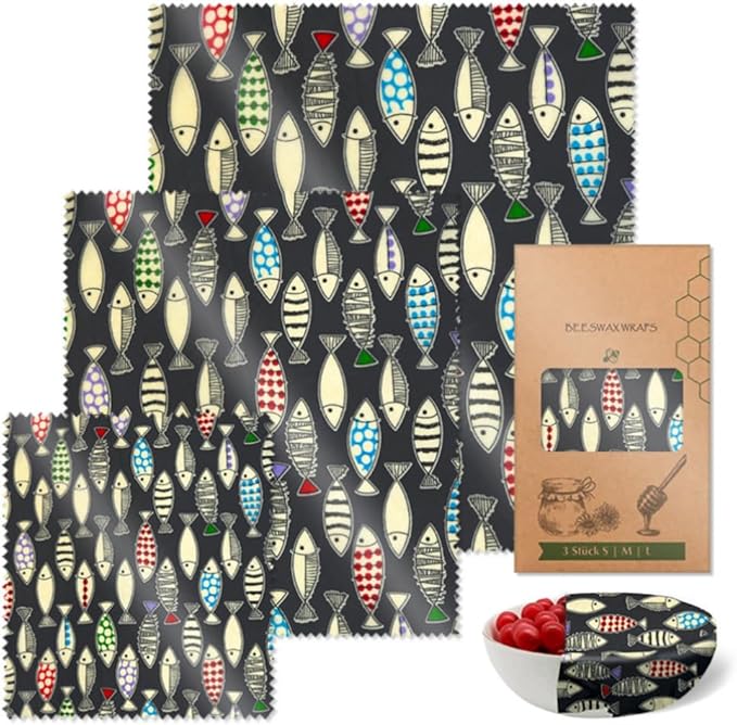 Black Fish-Flag Beeswax Wraps Reusable Beeswax Food Wrap Wrapping Paper 3 PCS Set for Camping, Outings, Outdoor Adventures