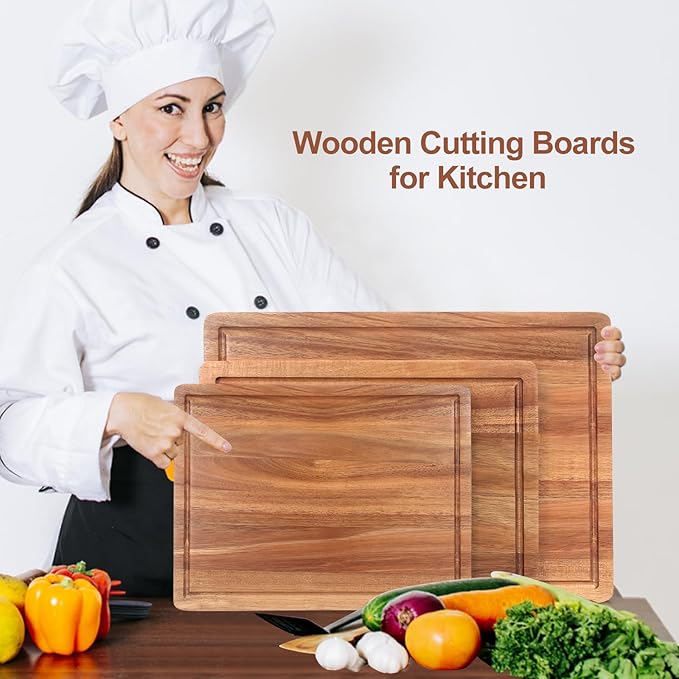 3 Pcs Acacia Wood Cutting Board Set with Holder Stand Meat Chopping Board Set Large Charcuterie Boards Solid Wooden Cutting Boards for Kitchen Decor Carving Butcher Block Bread Serving Cheese Board