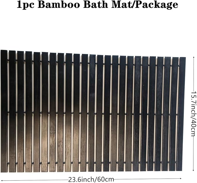HJJKKH Bath Mat, Wooden Bathroom Mat Rayon Derived from Bamboo 23.6"x15.7", Rollable Non-Slip Floor Mat, Wooden Shower Mat for Bathroom, Bathtub, Spa, Sauna, Hot Tub & Outdoor Use - Black