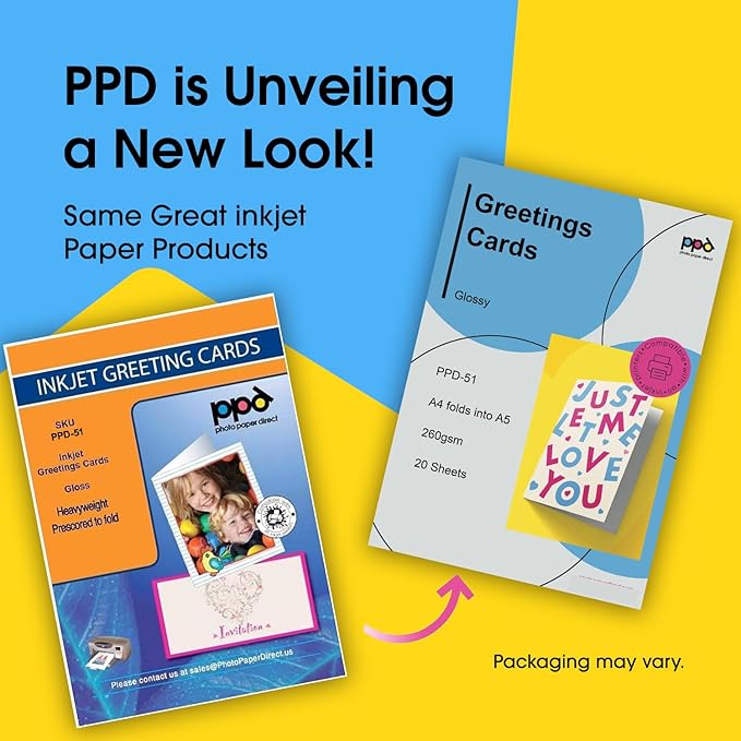 PPD Greeting Card Paper, Printable Greeting Cards for Inkjet Printer, 8.5 x 11 Blank Half Fold to 5.5 x 8.5 Custom Cards for Birthday, Wedding, Invitations, Thank You Note, Instant Dry (20 Sheets)