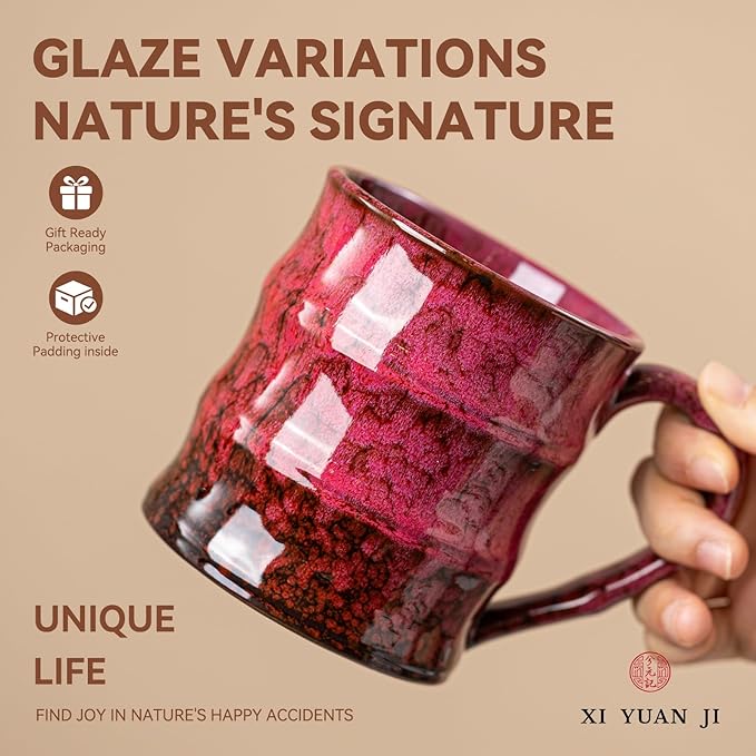 Rustic Red Ceramic Coffee Mug 15oz – Handcrafted Unique Gift for Coffee Lovers, Comfortable Large Handle, Dishwasher Safe