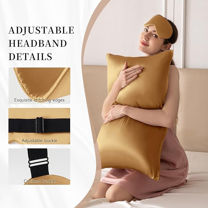 THXSILK Sleep Mask 100% 19 Momme Pure Mulberry Silk Super Smooth Cooling Sleep Eye Mask Blackout for Women/Man/Kids Eye Cover with Wide Head Strap Good Night Sleep Comfortable Travel Nap Metallic Gold