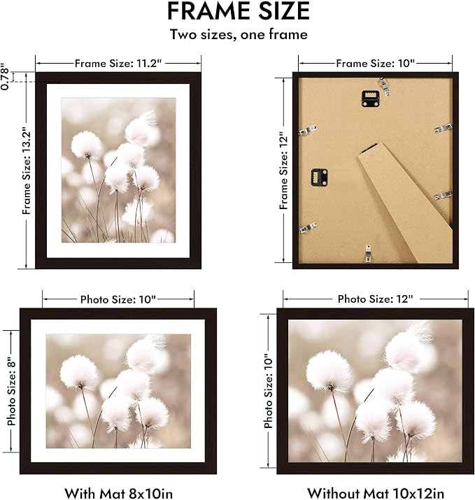 Hongkee 10x12 Oak Wood Picture Frame 1 Pack(Matted 8x10), Real Glass Cover | Black, 10 x 12 Solid Wood Frame for Wall or Tabletop Display - Includes Easel Back, Vertical Hang - Ideal for Home, Office