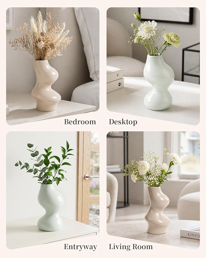 BosilunLife Decorative Vase Set of 3, Nested Interlocking Recycled Ceramic, Smooth Glossy Pastel Modern Decor, Sage Green & Khaki Centerpiece for Bookshelf