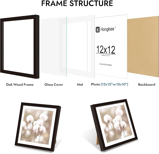 Hongkee 12x12 Oak Wood Picture Frame 1 Pack(Matted 10x10), Real Glass Cover | Black, 10 x 10 Solid Wood Frame for Wall or Tabletop Display - Includes Easel Back, Vertical Hang - Ideal for Home, Office