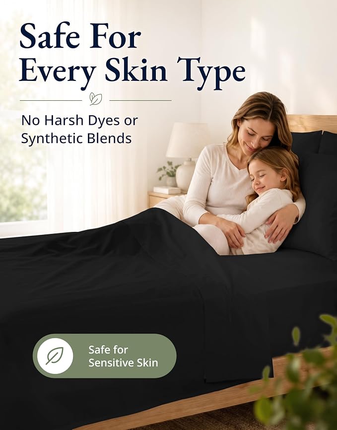 LANE LINEN 100% Organic Cotton Twin XL Fitted Sheet & Pillowcase - Soft & Breathable Percale Weave Set for Naturally Cooling Behaviour - 15''Deep Pocket for Snug Fit - GOTS Certified - Black