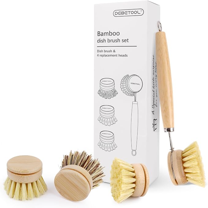 DEBETOOL Bamboo Dish Brush with Handle & 4 Replacement Heads - Natural Wooden Dish Scrubber with Sisal and Palm Fiber, Plastic Free Bamboo Brush for Dishes, Pots, Pans