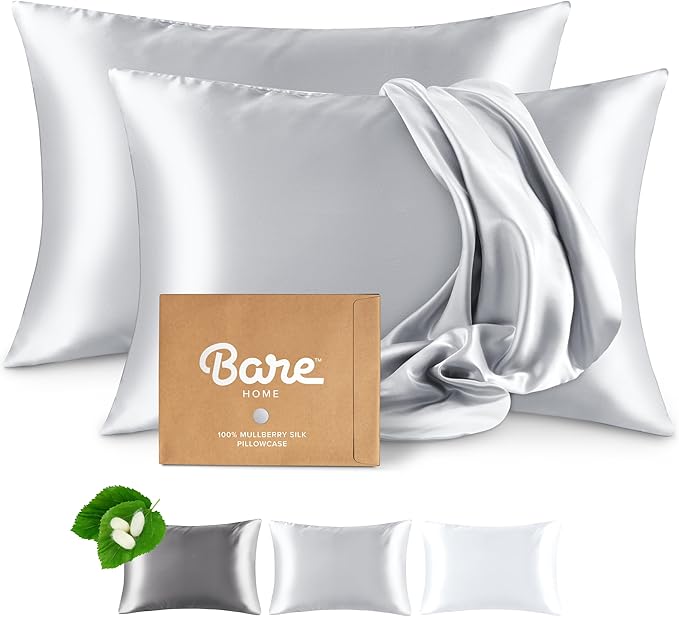 Bare Home 100% Mulberry Silk Pillowcase for Hair and Skin - Ultra Premium 6A Grade 19 Momme Silk Pillow Case - Hidden Zipper - Breathable Cooling Pillow Cover (King 2 Pack, Silver)