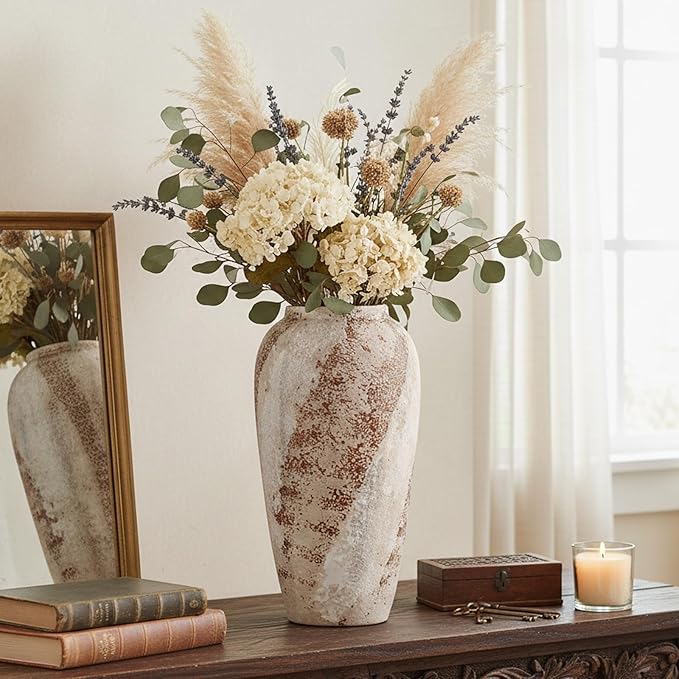 Large Ceramic Vase, 13.7 Inch Minimalist Decorative Farmhouse Vase for Home Decor, Living Room, Shelf Decor, Entryway, Wedding, Table Decoration