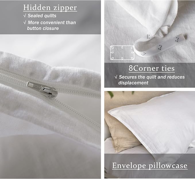 XZ XIFA White Linen Duvet Cover Queen Size Bedding,100% Natural French Flax, Breathable & Durable Cooling Duvet Cover Sets 3pcs-1 Duvet Cover and 2 Pillowcases