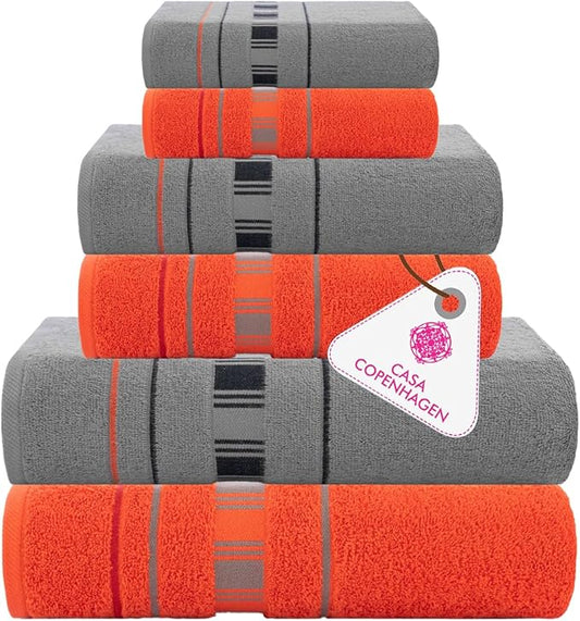 CASA COPENHAGEN X Line 6Pcs 100% Egyptian Cotton Large Designer Towels Gift Set- Silver Grey - Red, 600 GSM, 2Bath 2Hand 2Washcloths, Bath Towels for Bathroom (Gift Set for Women & Men)