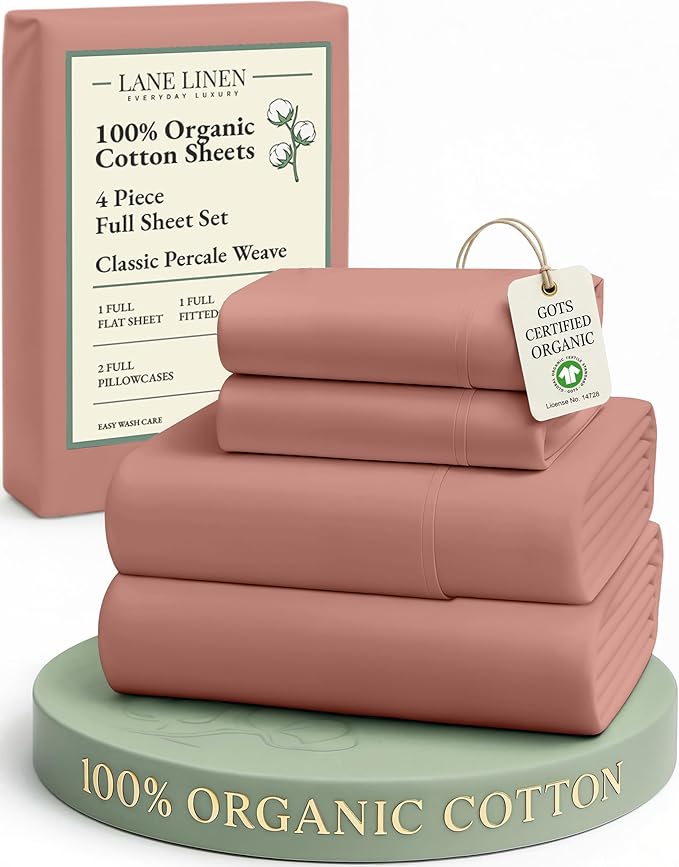 LANE LINEN 100% Organic Cotton Full Sheets Set, 4-Piece Pure Organic Cotton Percale Sheets, Long Staple Cotton Sheet, Ultra Soft Bedding Sheets, Breathable,Fits Mattress Upto 15" Deep - Rose Dawn